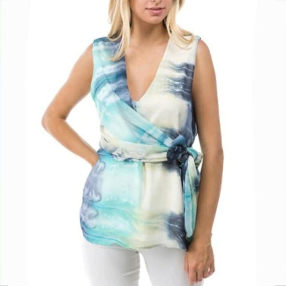 Ariella Women Blue Sleeveless Watercolor Wrap Top Blouse L Artsy Caree USA NEW